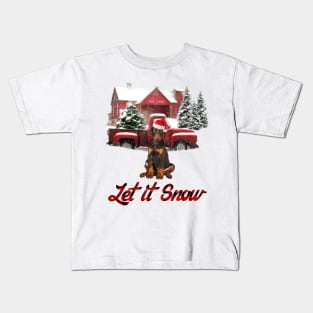 Doberman Let It Snow Tree Farm Red Truck Christmas Kids T-Shirt